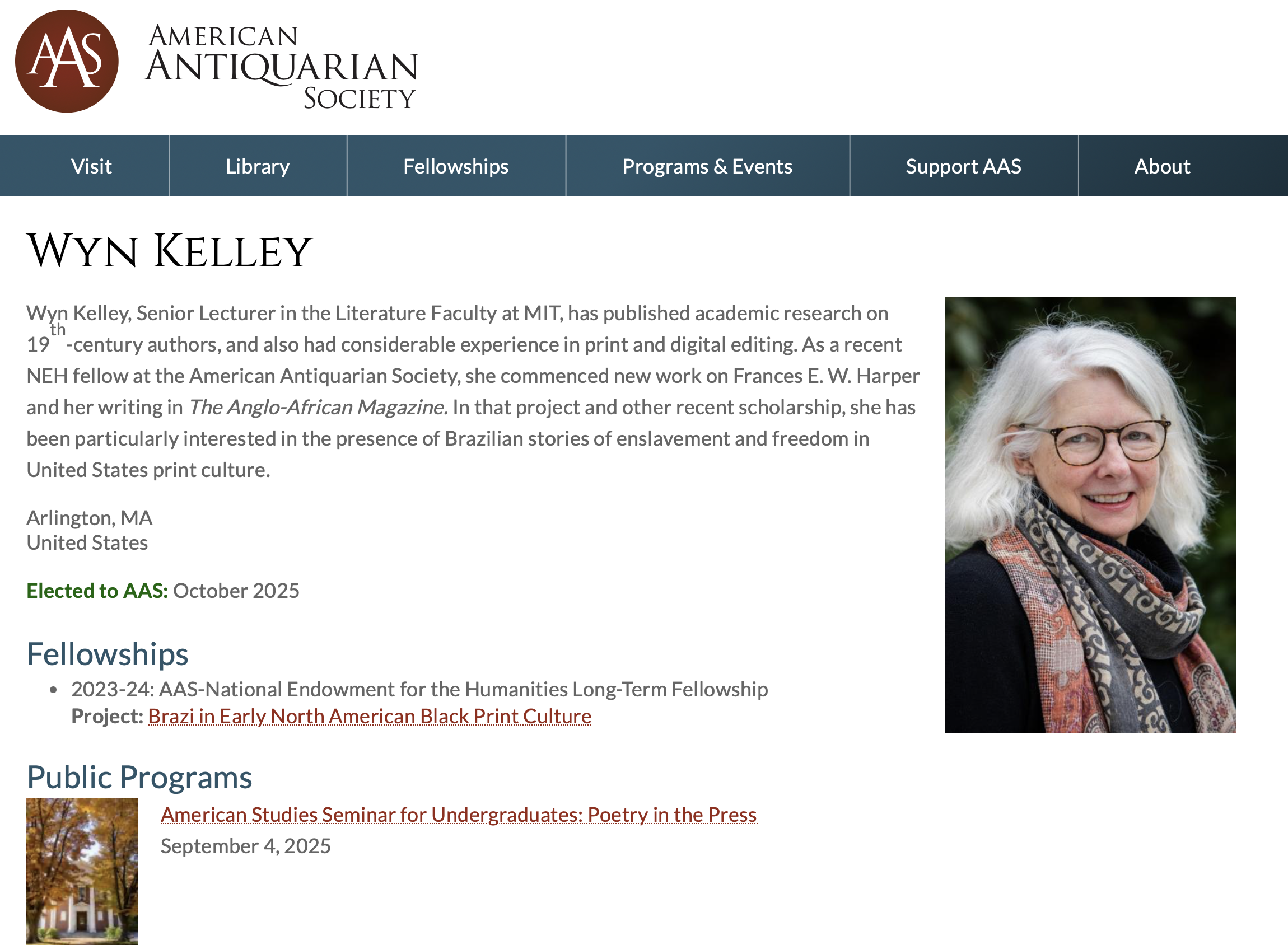 Congratulations! Lit@MIT’s Senior Lecturer Emerita, Wyn Kelley, elected a member of the American Antiquarian Society!